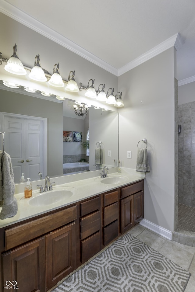 2553 Forest Hills Blvd, Greenwood, IN 46143 - bathroom featuring ornamental molding, double vanity, tile patterned floors, a bath, and a tile shower