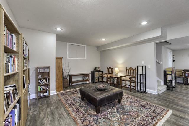 2553 Forest Hills Blvd, Greenwood, IN 46143 - sitting room with dark wood-style flooring, recessed lighting, stairway, and baseboards