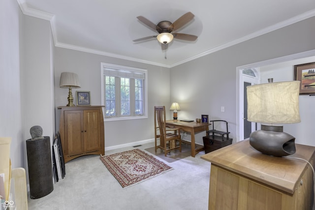 2553 Forest Hills Blvd, Greenwood, IN 46143 - office with light colored carpet, a ceiling fan, crown molding, and baseboards