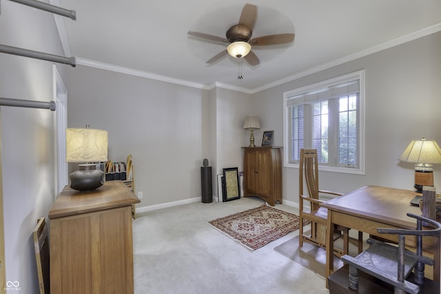 2553 Forest Hills Blvd, Greenwood, IN 46143 - home office featuring a ceiling fan, ornamental molding, light colored carpet, and baseboards