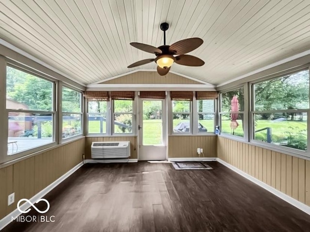 7211 Topp Creek Ct, Indianapolis, IN 46214 - unfurnished sunroom featuring a wall mounted air conditioner, lofted ceiling, a ceiling fan, and healthy amount of natural light