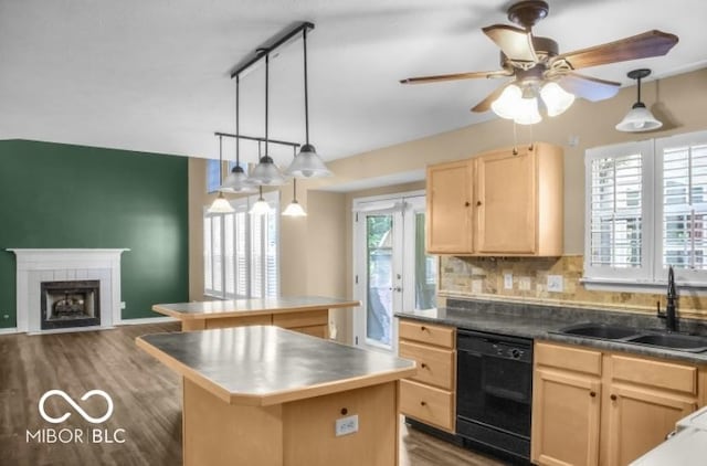 7211 Topp Creek Ct, Indianapolis, IN 46214 - kitchen featuring black dishwasher, light brown cabinets, a kitchen island, dark wood finished floors, and decorative backsplash