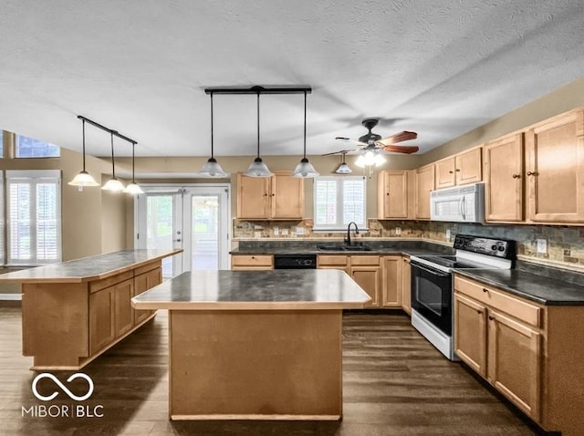 7211 Topp Creek Ct, Indianapolis, IN 46214 - kitchen featuring black appliances, a kitchen island, dark wood-type flooring, light brown cabinets, and decorative backsplash