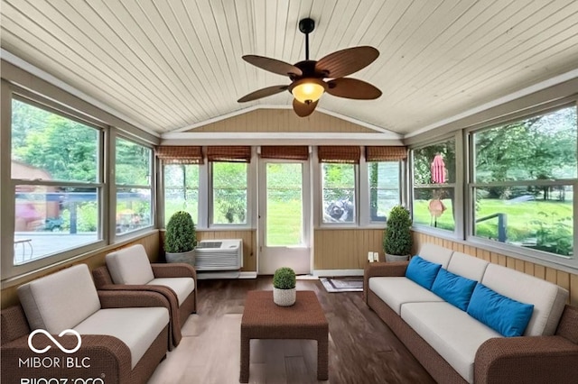 7211 Topp Creek Ct, Indianapolis, IN 46214 - sunroom / solarium with wooden ceiling, plenty of natural light, vaulted ceiling, wood finished floors, and a wall unit AC