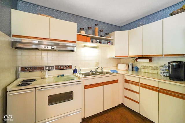 623 Circle Ct, Whiteland, IN 46184 - kitchen featuring double oven range, wall chimney range hood, light countertops, backsplash, and a sink