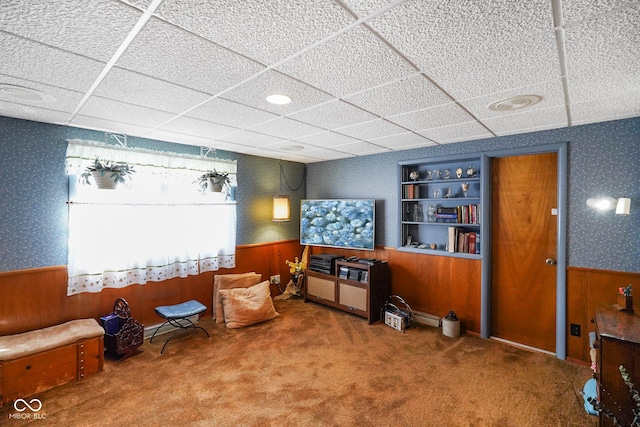 623 Circle Ct, Whiteland, IN 46184 - sitting room with wainscoting, wallpapered walls, wood walls, built in features, and carpet floors
