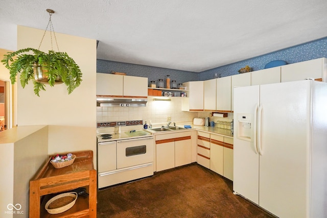 623 Circle Ct, Whiteland, IN 46184 - kitchen featuring white appliances, under cabinet range hood, light countertops, decorative backsplash, and open shelves