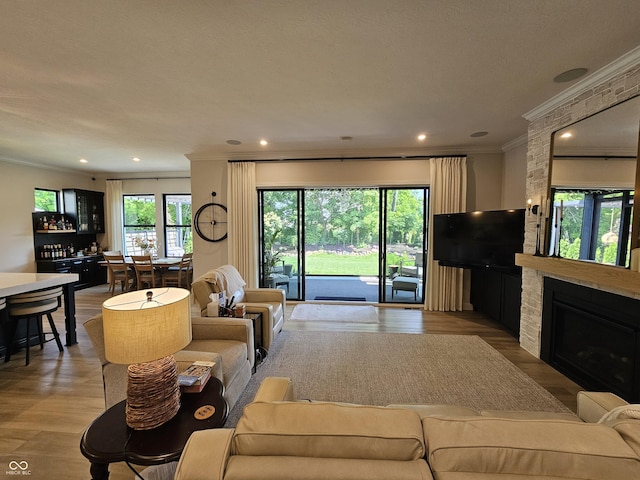 5686 Ellie Ct, Noblesville, IN 46062 - living room with ornamental molding, light wood finished floors, a fireplace, and recessed lighting