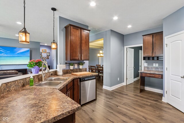 1893 Devonshire Ave, Avon, IN 46123 - kitchen with stainless steel dishwasher, a sink, baseboards, dark wood-type flooring, and recessed lighting