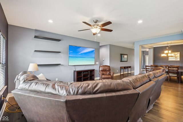 1893 Devonshire Ave, Avon, IN 46123 - living room featuring wood finished floors, a ceiling fan, baseboards, recessed lighting, and a chandelier
