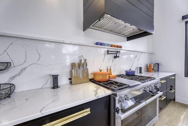 8695 Morgan Dr, Fishers, IN 46038 - kitchen with double oven range, custom exhaust hood, tasteful backsplash, light stone countertops, and light wood-type flooring
