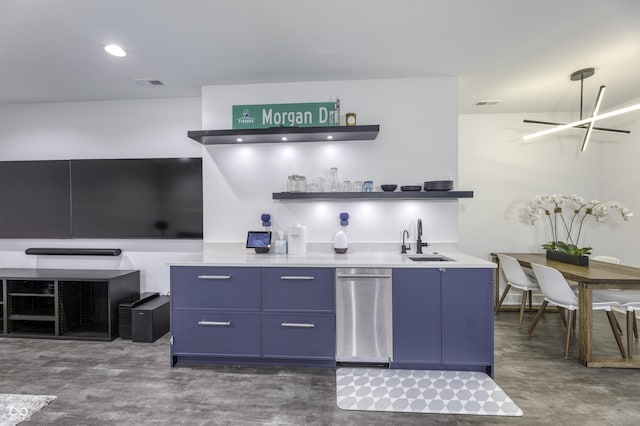 8695 Morgan Dr, Fishers, IN 46038 - kitchen featuring blue cabinetry, open shelves, light countertops, modern cabinets, and concrete flooring