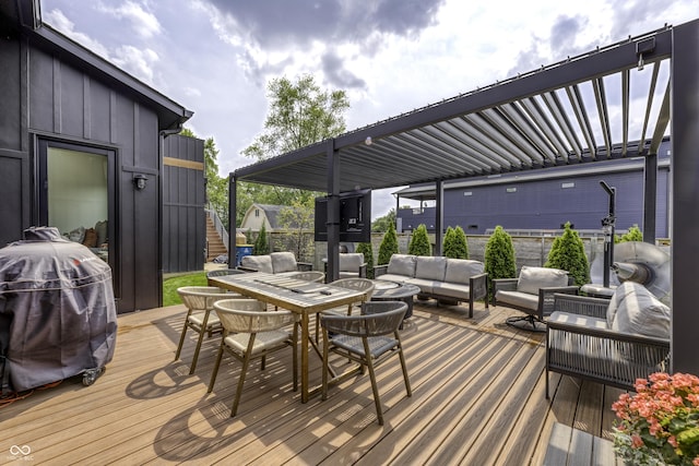 8695 Morgan Dr, Fishers, IN 46038 - wooden deck with an outdoor living space, outdoor dining area, and grilling area