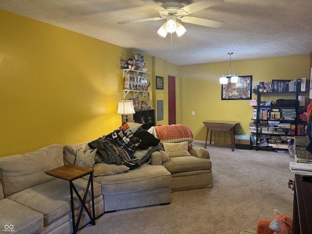 800 N Walnut Hls, Crawfordsville, IN 47933 - carpeted living room with a ceiling fan, electric panel, and a textured ceiling