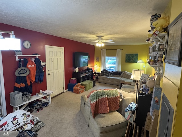 800 N Walnut Hls, Crawfordsville, IN 47933 - living room featuring carpet, a textured ceiling, and a ceiling fan