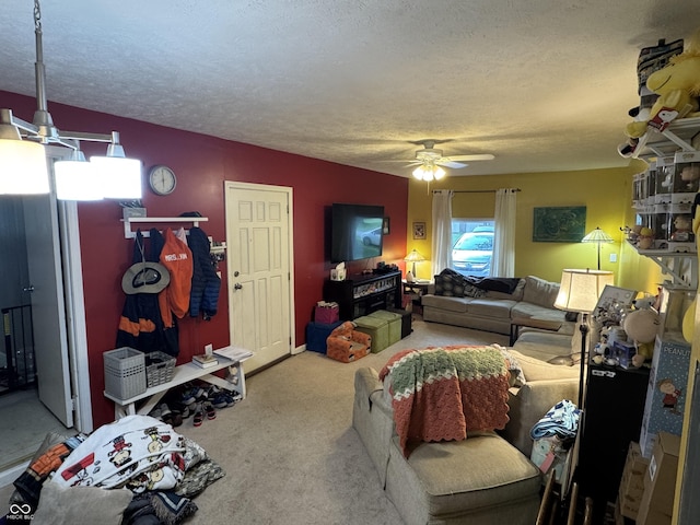 800 N Walnut Hls, Crawfordsville, IN 47933 - living area featuring ceiling fan, carpet floors, and a textured ceiling