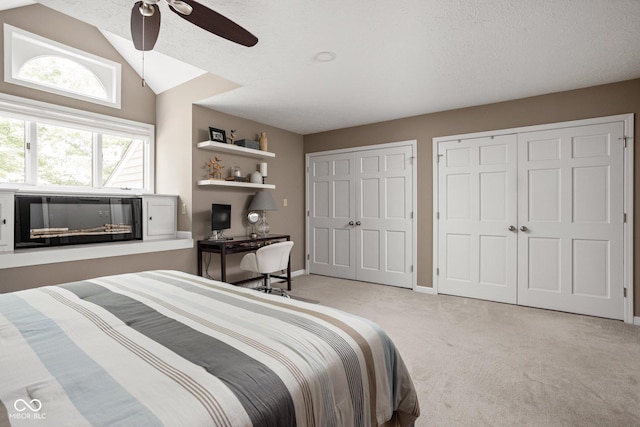 8133 Lower Bay Ln, Indianapolis, IN 46236 - carpeted bedroom with two closets, a ceiling fan, a glass covered fireplace, lofted ceiling, and a textured ceiling