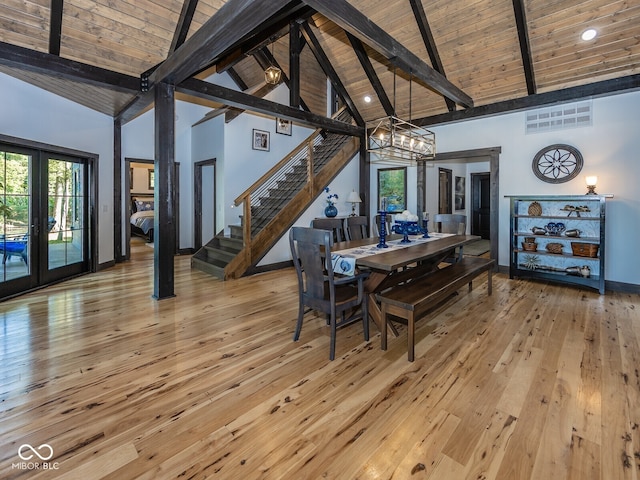 2004 Layton Rd, Anderson, IN 46011 - dining area featuring high vaulted ceiling, wooden ceiling with exposed beams, a chandelier, light wood-style flooring, and stairway