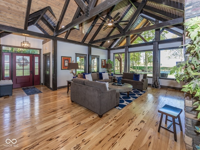 2004 Layton Rd, Anderson, IN 46011 - living area with high vaulted ceiling, light wood-type flooring, plenty of natural light, baseboards, and wood ceiling with exposed beams
