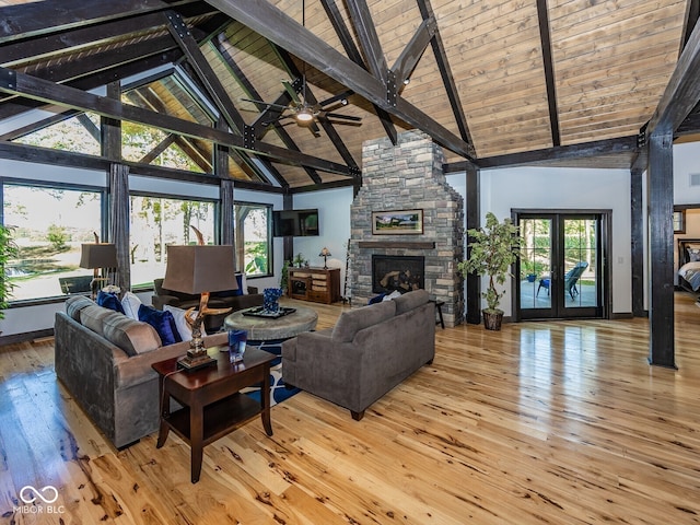 2004 Layton Rd, Anderson, IN 46011 - living room featuring high vaulted ceiling, a fireplace, light wood finished floors, ceiling fan, and wood ceiling with exposed beams