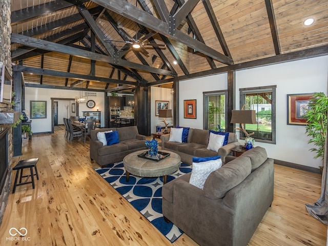 2004 Layton Rd, Anderson, IN 46011 - living area with wood finished floors, high vaulted ceiling, baseboards, wooden ceiling with exposed beams, and a chandelier