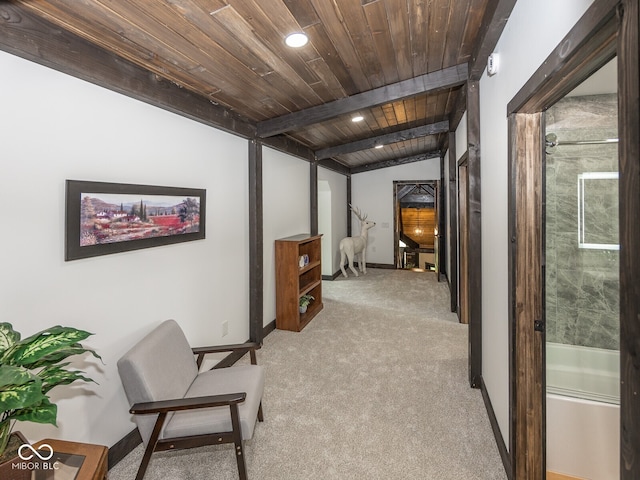 2004 Layton Rd, Anderson, IN 46011 - hallway with wood ceiling with exposed beams, light carpet, and baseboards