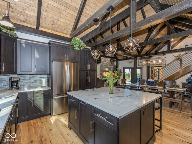 2004 Layton Rd, Anderson, IN 46011 - kitchen with freestanding refrigerator, wooden ceiling, a kitchen island, light wood-style flooring, and backsplash