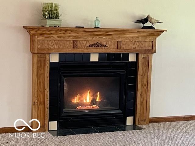 9451 S Amanda Dr, Claypool, IN 46510 - detailed view of a tile fireplace, baseboards, and carpet floors