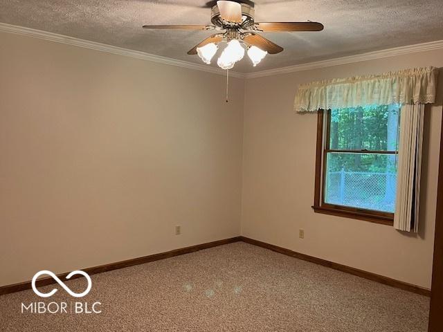 9451 S Amanda Dr, Claypool, IN 46510 - empty room featuring a textured ceiling, carpet, baseboards, crown molding, and a ceiling fan