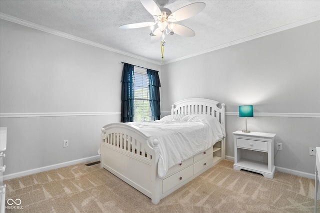15515 Alameda Pl, Westfield, IN 46074 - carpeted bedroom featuring a textured ceiling, ornamental molding, a ceiling fan, and baseboards