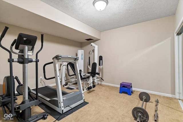 15515 Alameda Pl, Westfield, IN 46074 - workout room with baseboards, a textured ceiling, and carpet floors