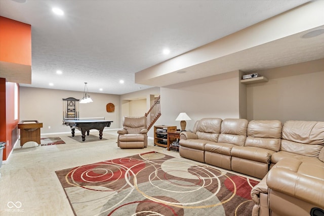 15515 Alameda Pl, Westfield, IN 46074 - living room with billiards table, recessed lighting, carpet flooring, baseboards, and stairway