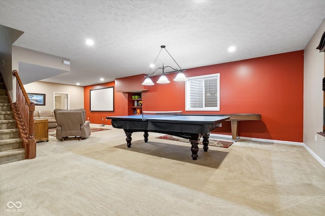 15515 Alameda Pl, Westfield, IN 46074 - game room featuring billiards table, carpet floors, recessed lighting, baseboards, and a textured ceiling