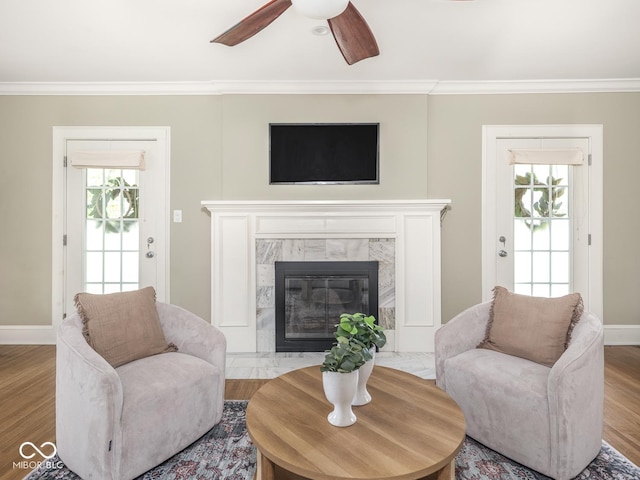4455 Central Ave, Indianapolis, IN 46205 - living area with ornamental molding, healthy amount of natural light, ceiling fan, wood finished floors, and a fireplace