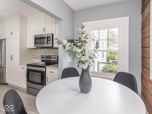 4455 Central Ave, Indianapolis, IN 46205 - kitchen featuring appliances with stainless steel finishes, tasteful backsplash, healthy amount of natural light, and white cabinets