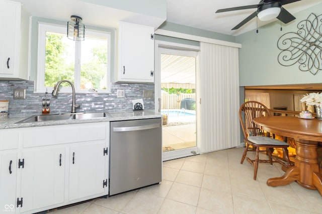 12014 Briar Way Center Dr, Indianapolis, IN 46126 - kitchen with stainless steel dishwasher, a sink, backsplash, ceiling fan, and white cabinets