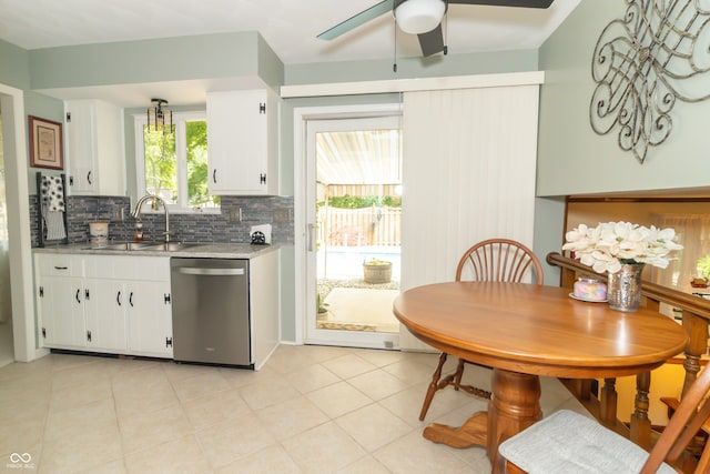12014 Briar Way Center Dr, Indianapolis, IN 46126 - kitchen with stainless steel dishwasher, a sink, decorative backsplash, ceiling fan, and white cabinetry