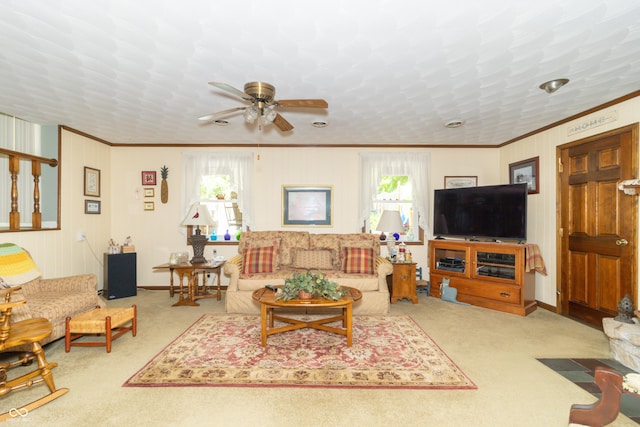 12014 Briar Way Center Dr, Indianapolis, IN 46126 - living room featuring plenty of natural light, carpet flooring, a ceiling fan, crown molding, and baseboards