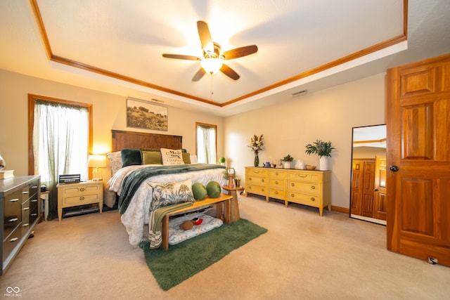 1145 Forest Commons Dr, Avon, IN 46123 - bedroom featuring a raised ceiling, light carpet, ceiling fan, and crown molding