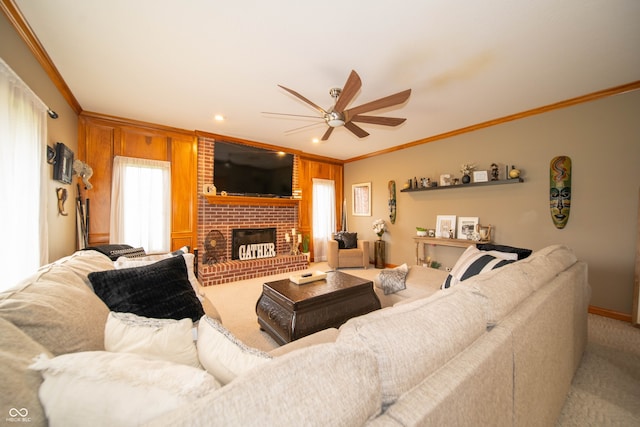 1145 Forest Commons Dr, Avon, IN 46123 - carpeted living room with ornamental molding, a ceiling fan, a fireplace, baseboards, and recessed lighting
