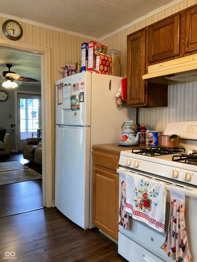2032 N Auburn St, Speedway, IN 46224 - kitchen with white appliances, under cabinet range hood, dark wood-type flooring, ceiling fan, and ornamental molding