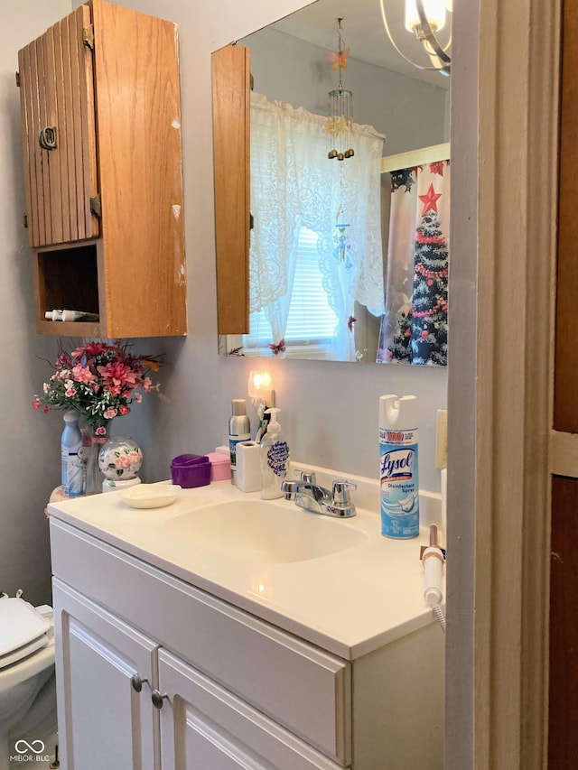 2032 N Auburn St, Speedway, IN 46224 - bathroom featuring vanity, toilet, and a chandelier