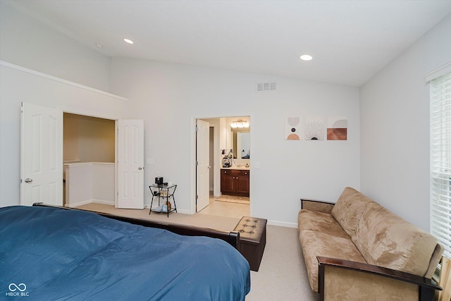 755 Ivy Ln, Carmel, IN 46032 - bedroom with vaulted ceiling, light colored carpet, ensuite bath, and recessed lighting