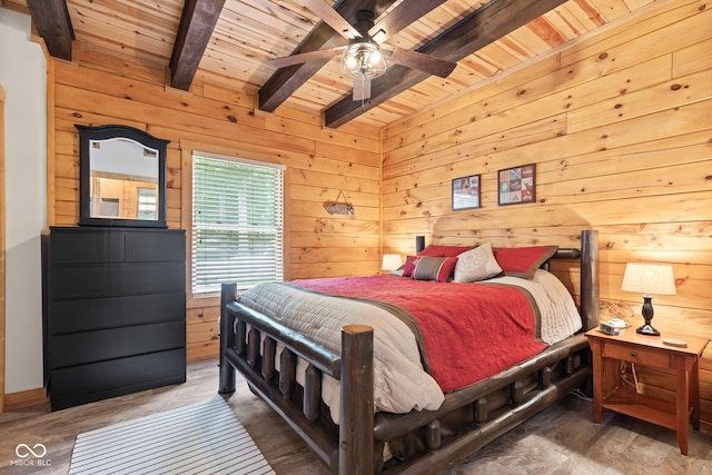 2540 S Annapolis Rd, Rockville, IN 47872 - bedroom with wooden ceiling with exposed beams, wood walls, and a ceiling fan