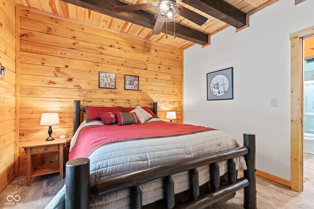 2540 S Annapolis Rd, Rockville, IN 47872 - bedroom with wooden ceiling with exposed beams, wood walls, wood finished floors, ceiling fan, and baseboards