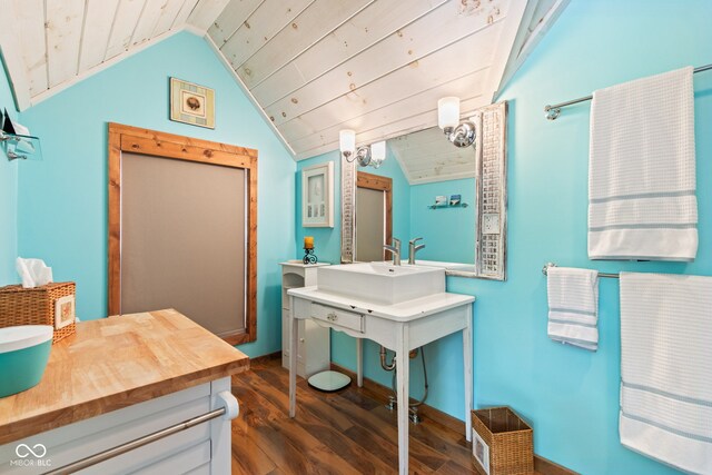 2540 S Annapolis Rd, Rockville, IN 47872 - bathroom with vaulted ceiling, wood finished floors, wood ceiling, and vanity