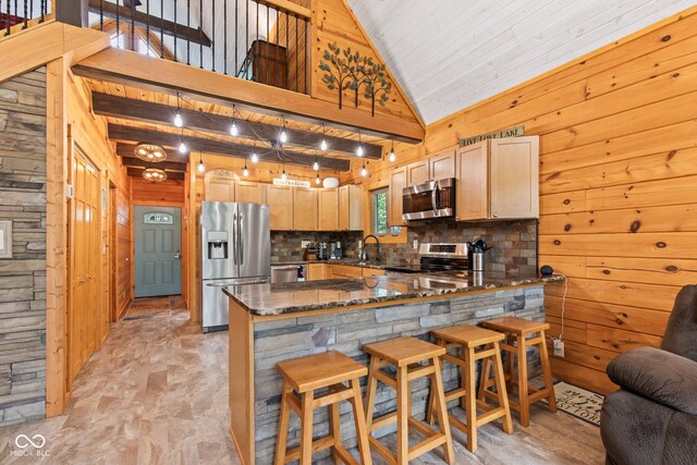 2540 S Annapolis Rd, Rockville, IN 47872 - kitchen with appliances with stainless steel finishes, wooden walls, dark stone countertops, a peninsula, and decorative backsplash
