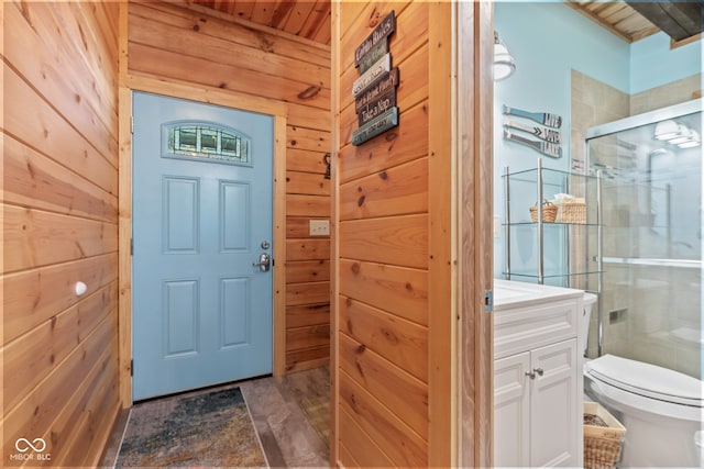 2540 S Annapolis Rd, Rockville, IN 47872 - entryway featuring wood walls, wood ceiling, and dark wood finished floors