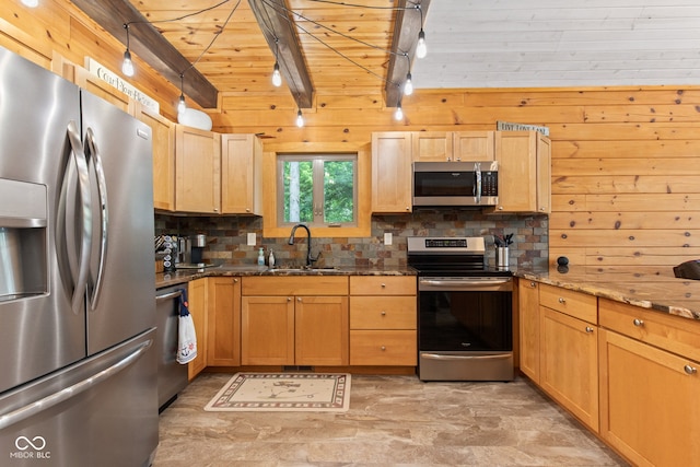 2540 S Annapolis Rd, Rockville, IN 47872 - kitchen with appliances with stainless steel finishes, a sink, backsplash, dark stone countertops, and wood ceiling with exposed beams