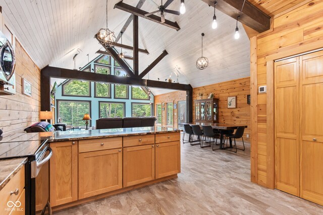 2540 S Annapolis Rd, Rockville, IN 47872 - kitchen featuring a peninsula, wooden walls, ceiling fan, electric stove, and wood ceiling with exposed beams